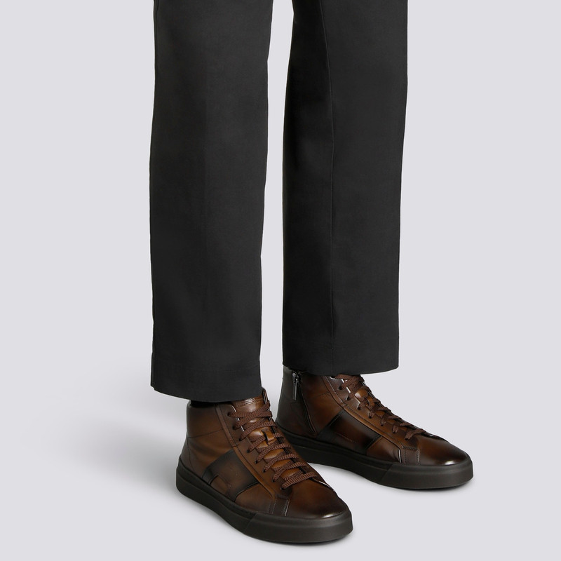 Santoni Men's dark brown leather Double Buckle Sneaker outlook