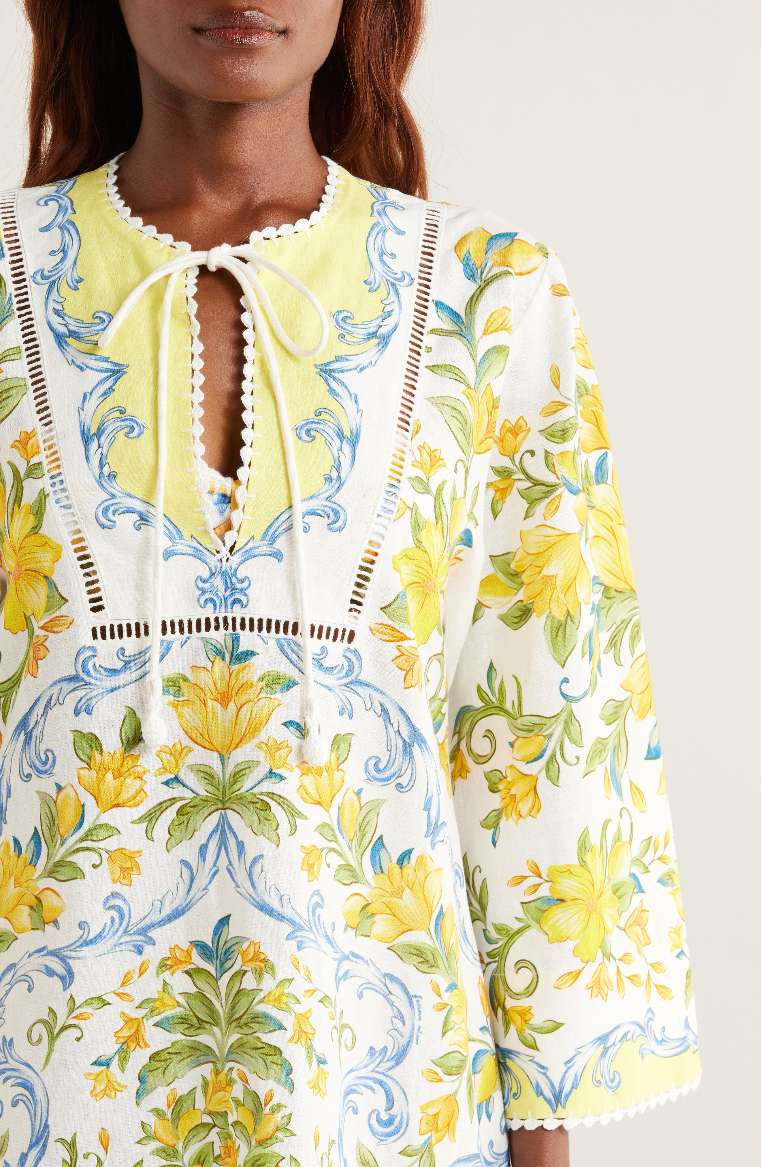 FARM Rio Sicily Floral Linen Blend Cover-Up Minidress in Off-White at Nordstrom - 4
