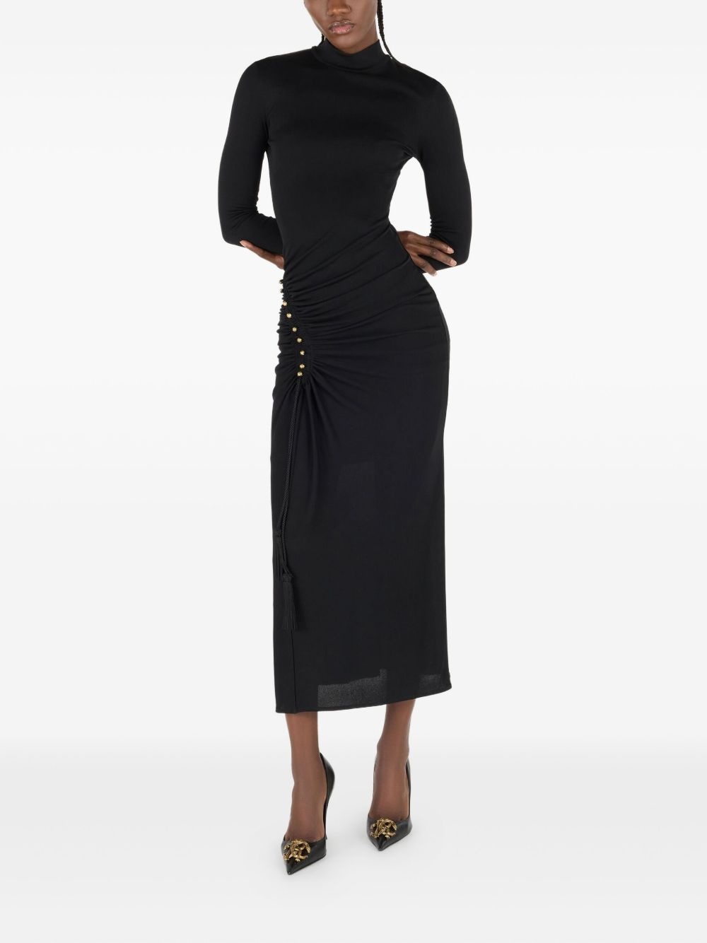 gathered-detail high-neck midi dress - 2