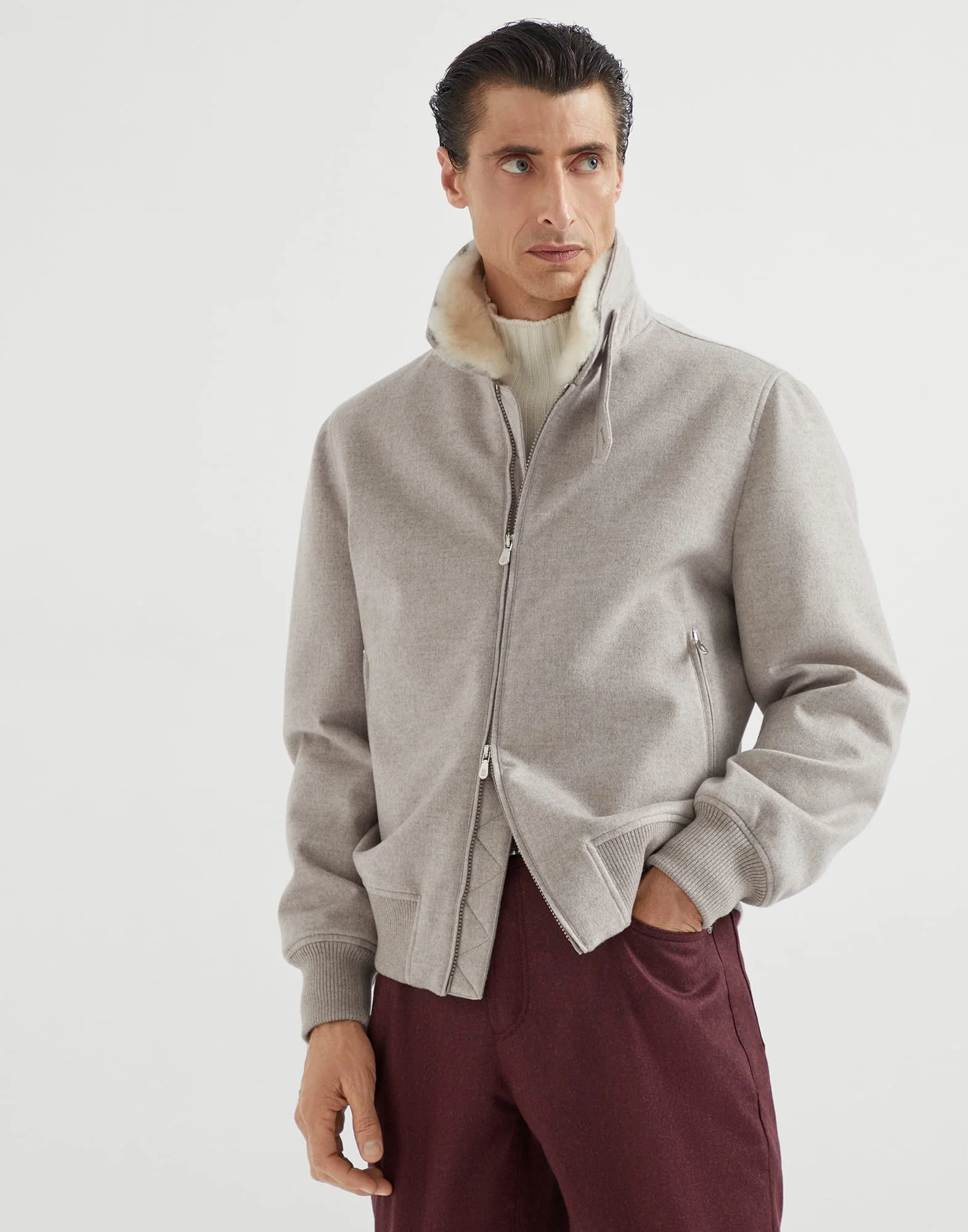 Bonded cashmere beaver cloth bomber jacket with detachable shearling insert and Thermore® padding - 1