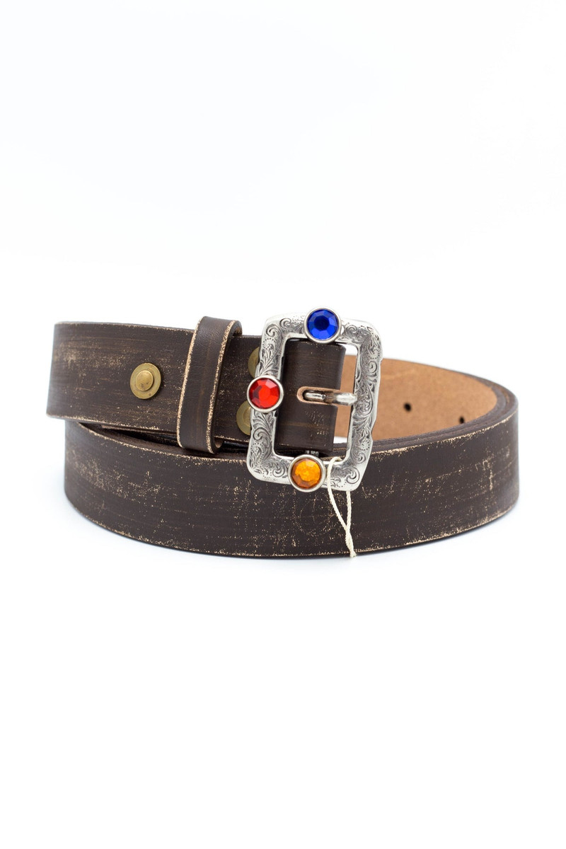 Oil Leather Studs DISCO Buckle Belt - Brown 5