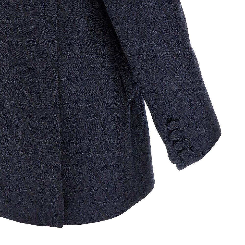 Brand-embroidery double-breasted regular-fit wool and silk blazer - 2