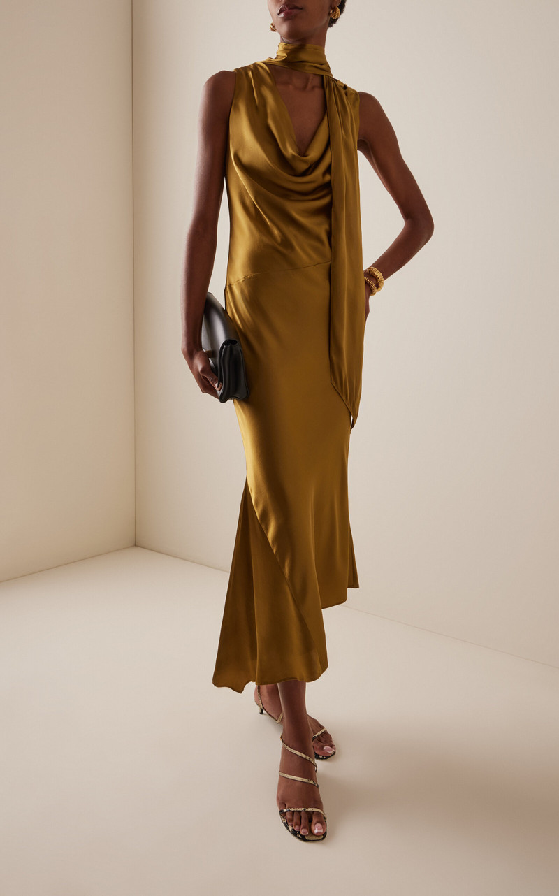 De La Vali Thebe Draped Silk-Blend Maxi Dress olive outlook