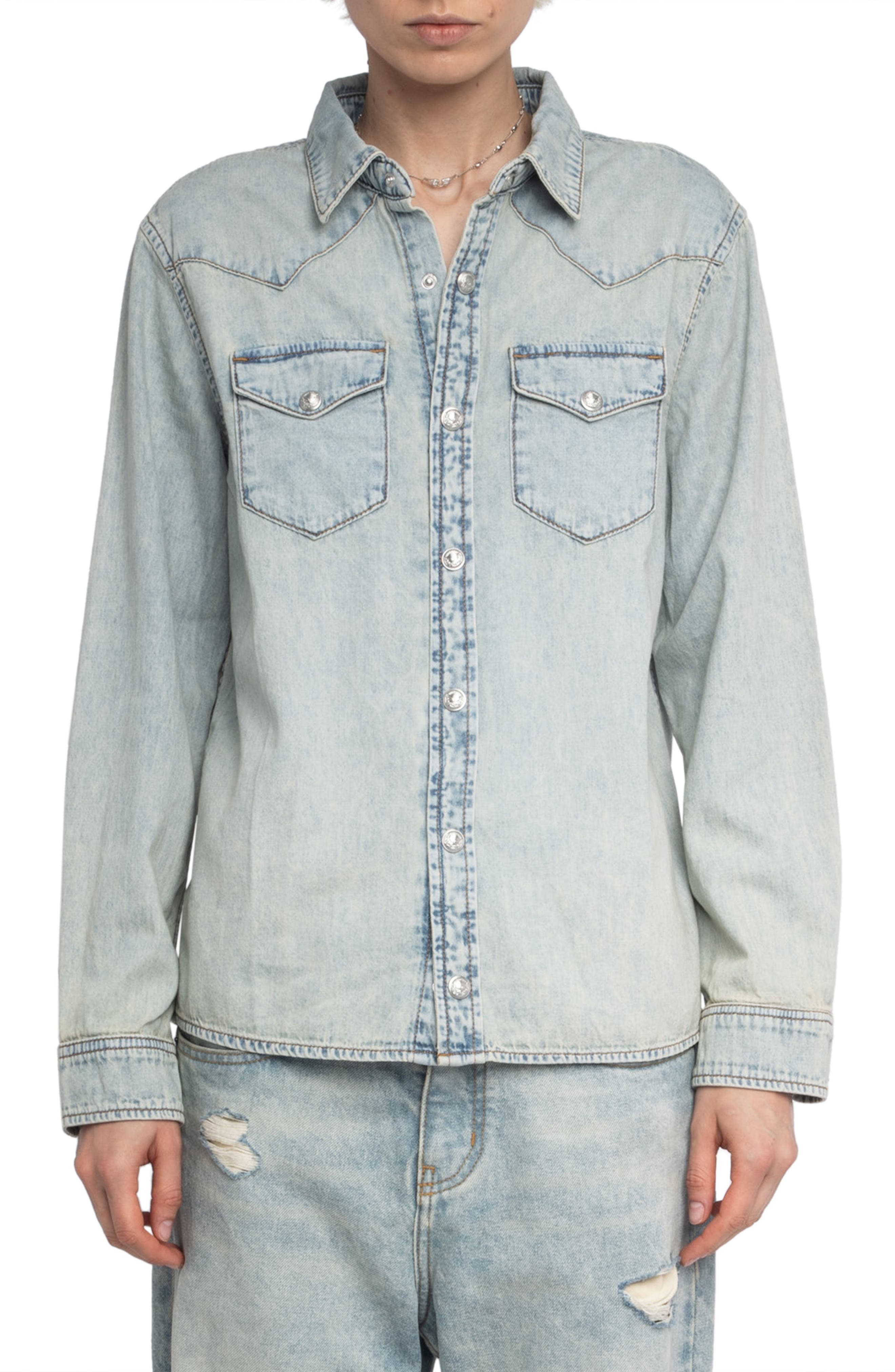 Zadig & Voltaire Saby Studded Denim Button-Up Shirt in Light Blue at Nordstrom - 1