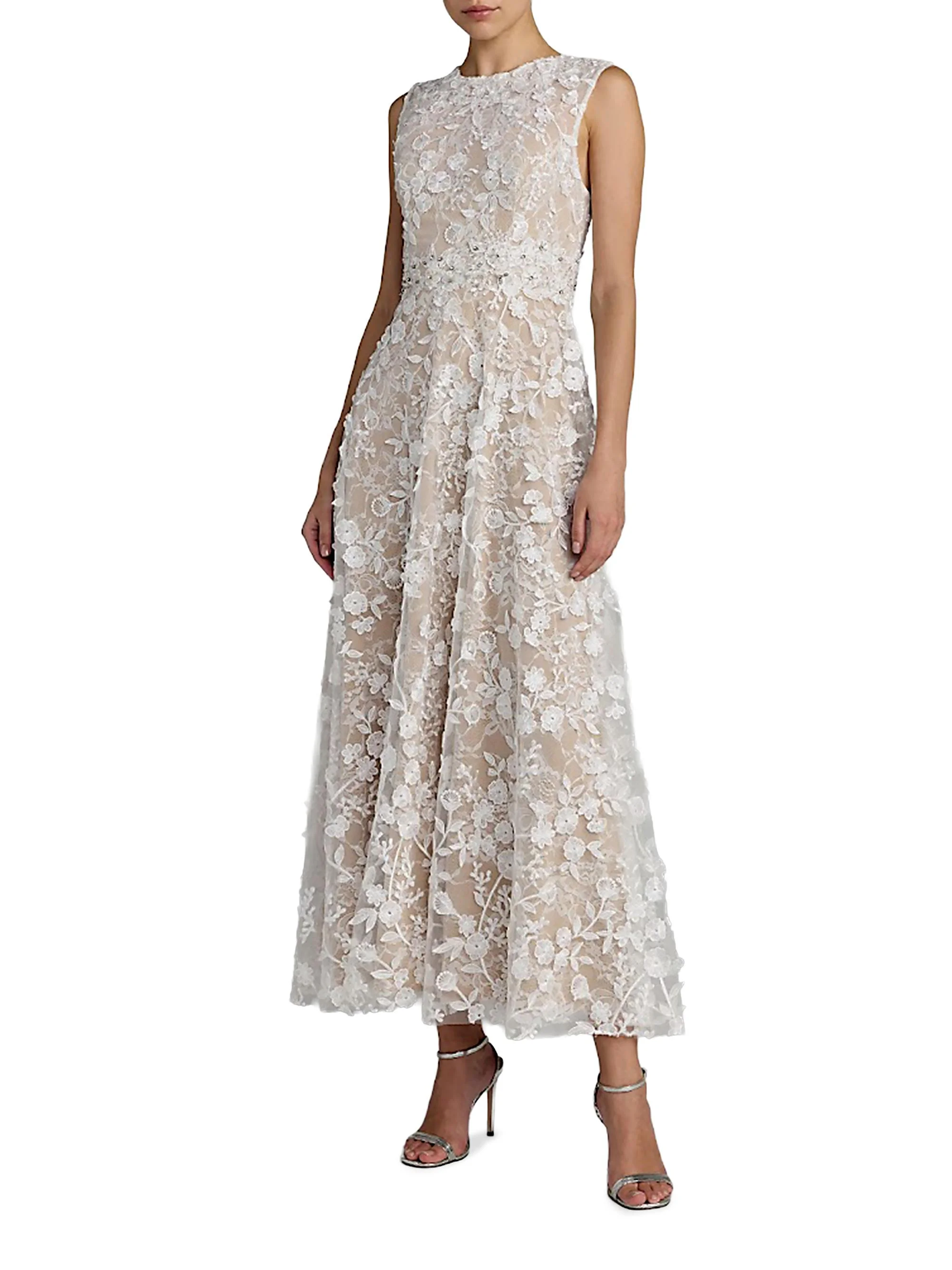 Women's Floral Embroidered Round-Neck Midi-Dress - Ivory Beige - 1