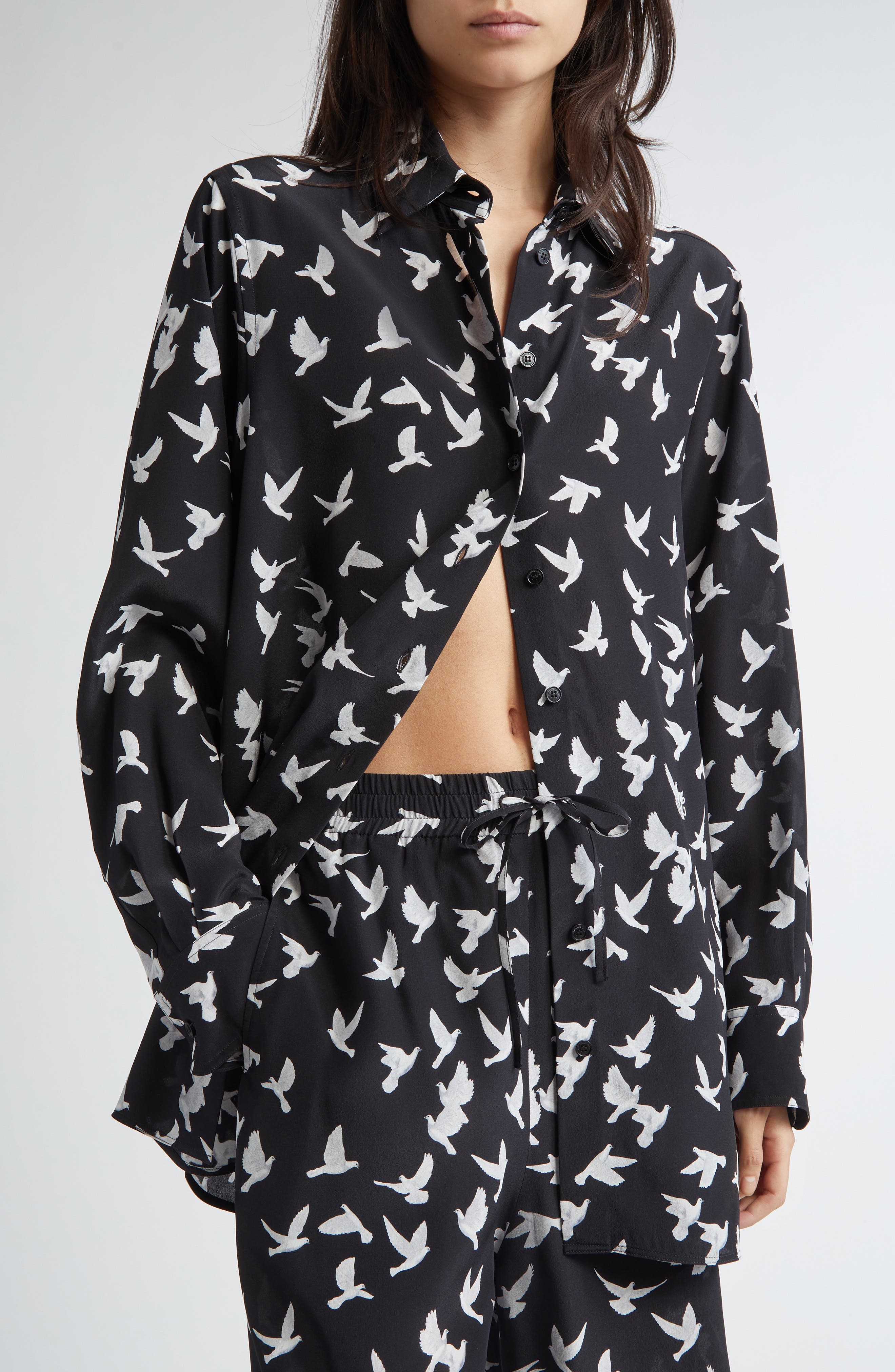 Stella McCartney Mini Birds Silk Button-Up Shirt in Black at Nordstrom - 5