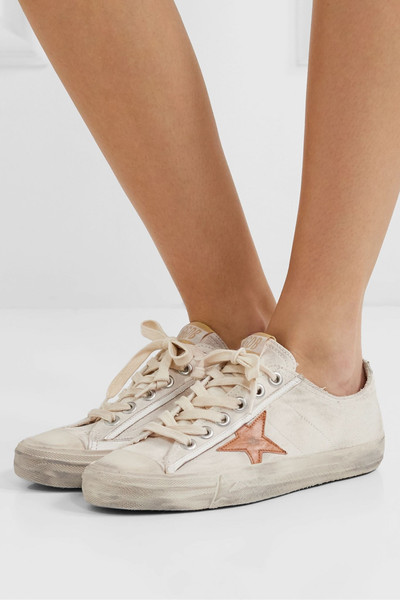 Golden Goose V-Star distressed recycled canvas and leather sneakers outlook