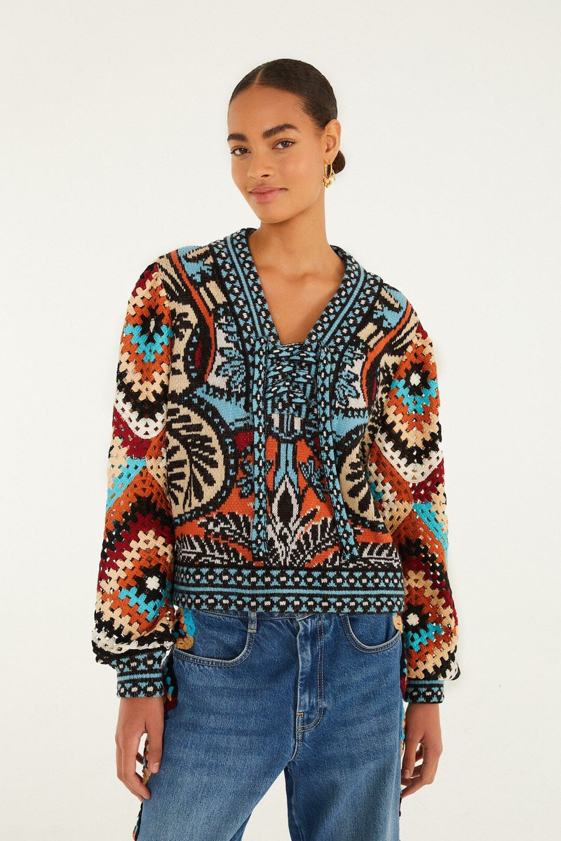 FARM RIO Multicolor Balamana Crochet Sleeve Knit Sweater outlook