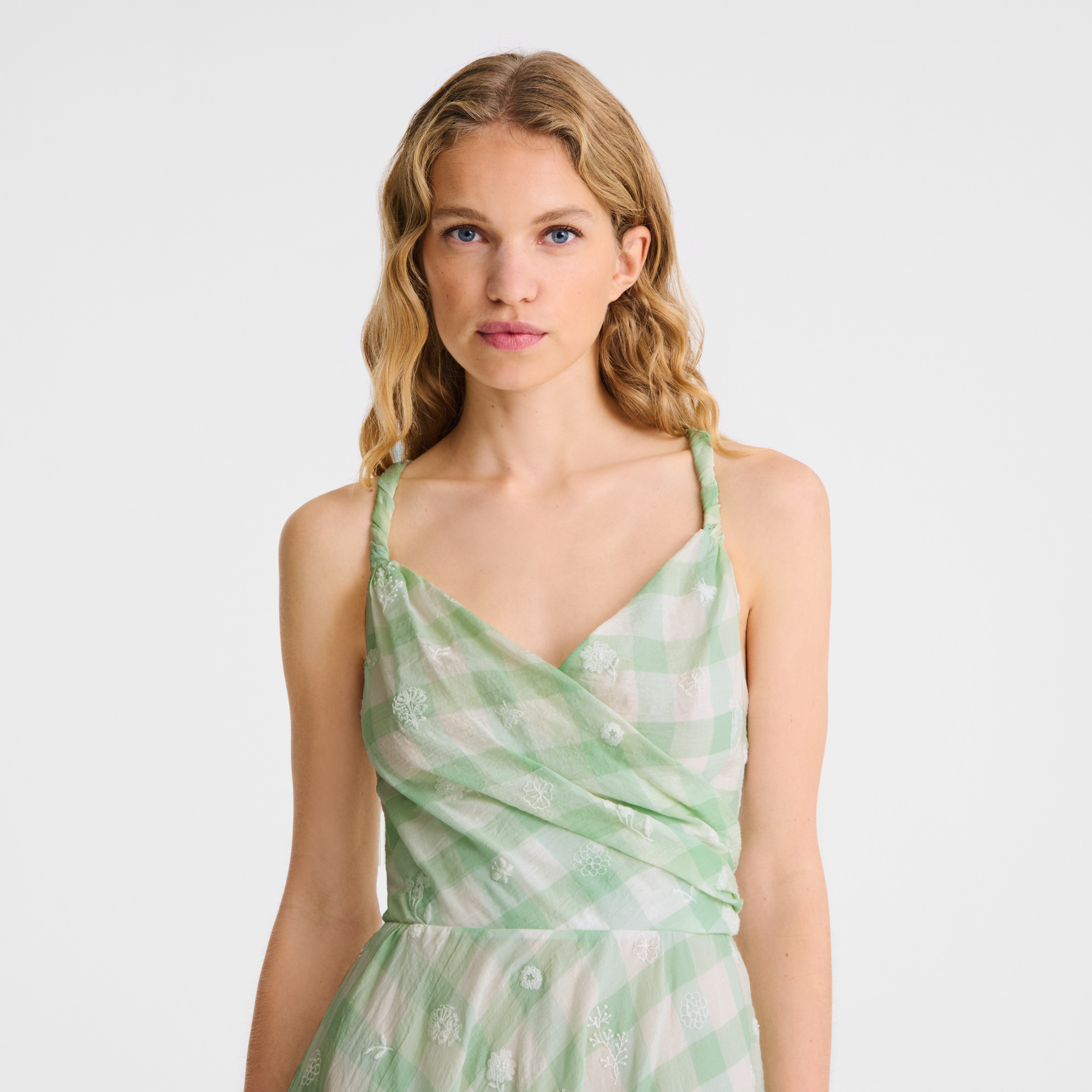 Long dress Aqua Green - Vichy jacquard embroidered - 4