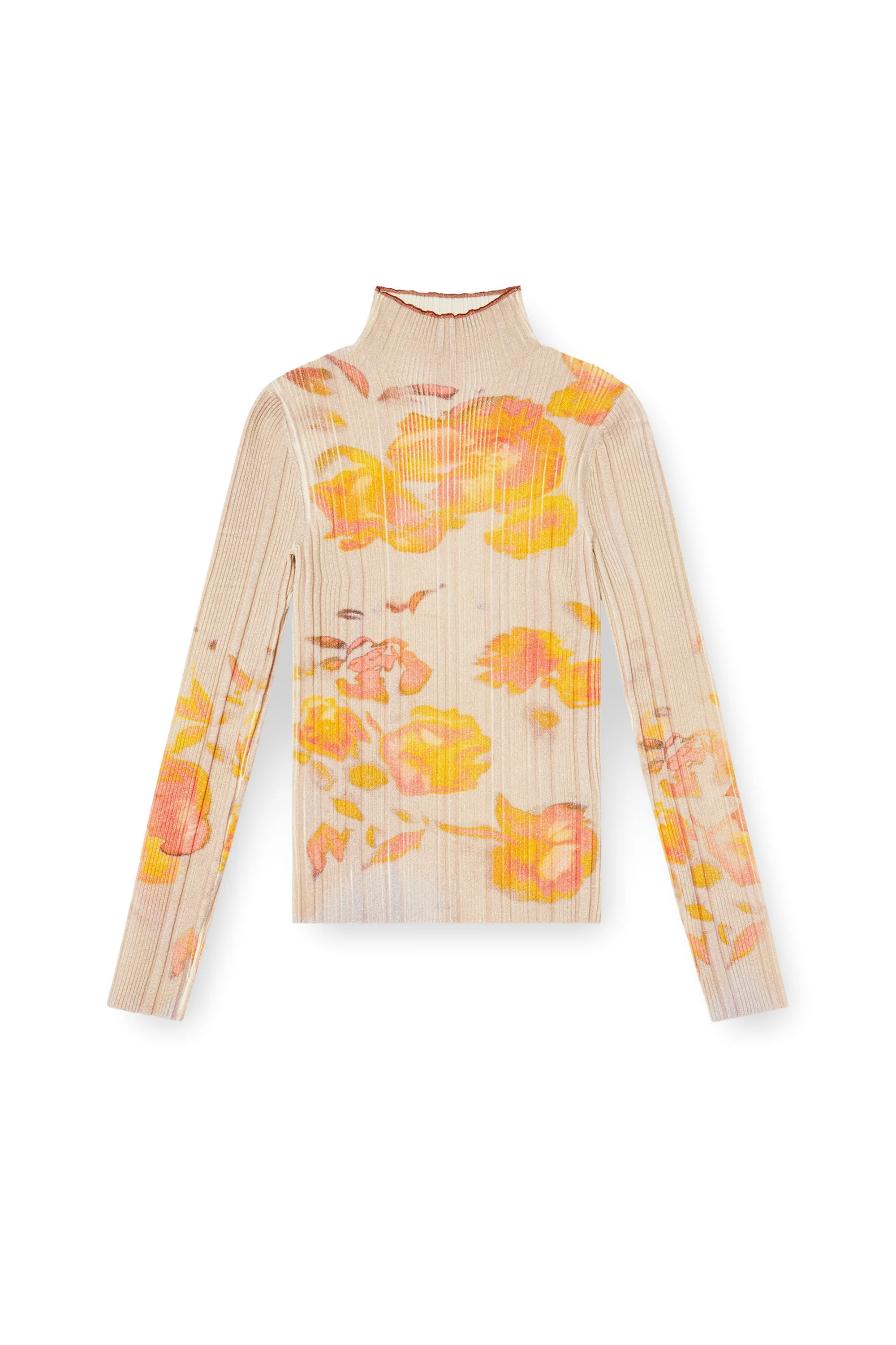 RIBBED WOOL TURTLENECK TOP WITH FLORAL PRINT - 1