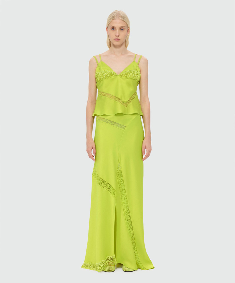 MSGM Lime long satin skirt with flared hem and lace inserts outlook