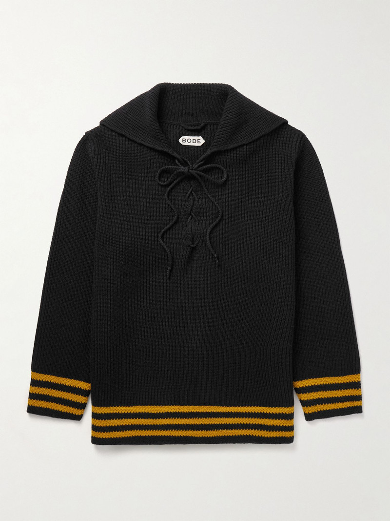 Deck Striped Ribbed Wool Sweater Black 1