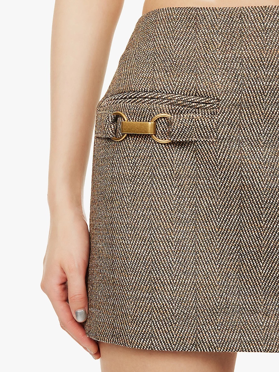 Herringbone-print buckles wool-blend mini skirt - 5