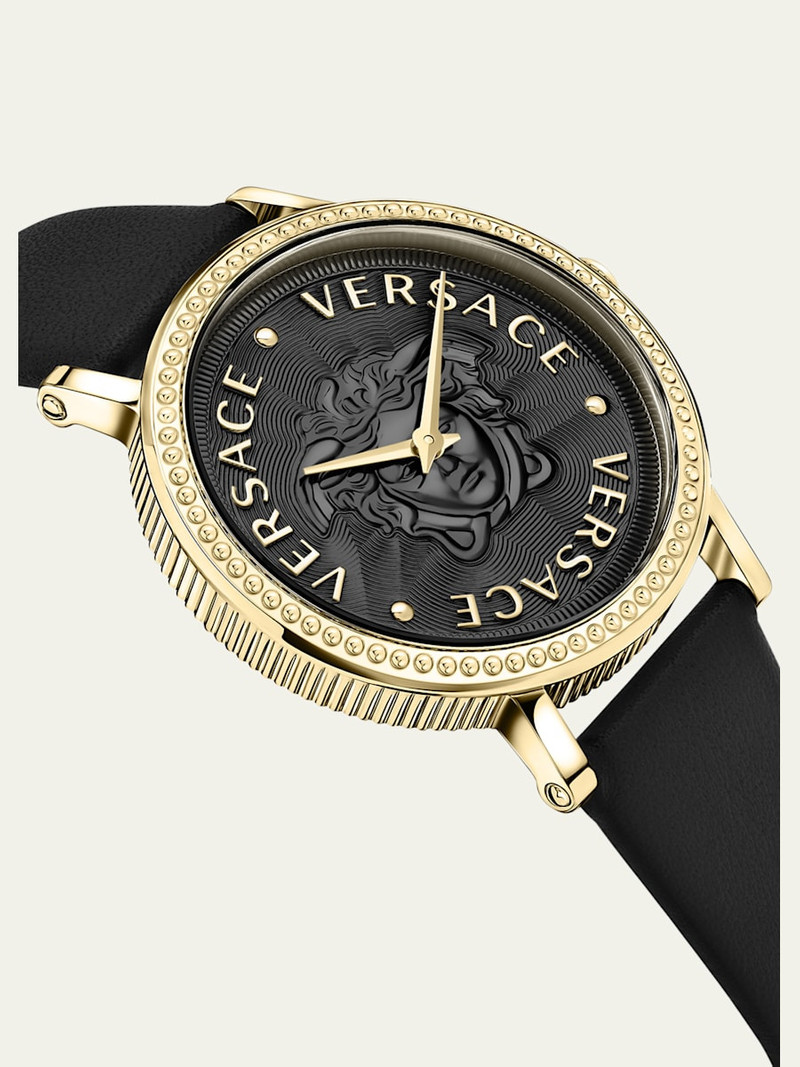 VERSACE 37mm V-Dollar Watch with Leather Strap, Yellow Gold/Black outlook