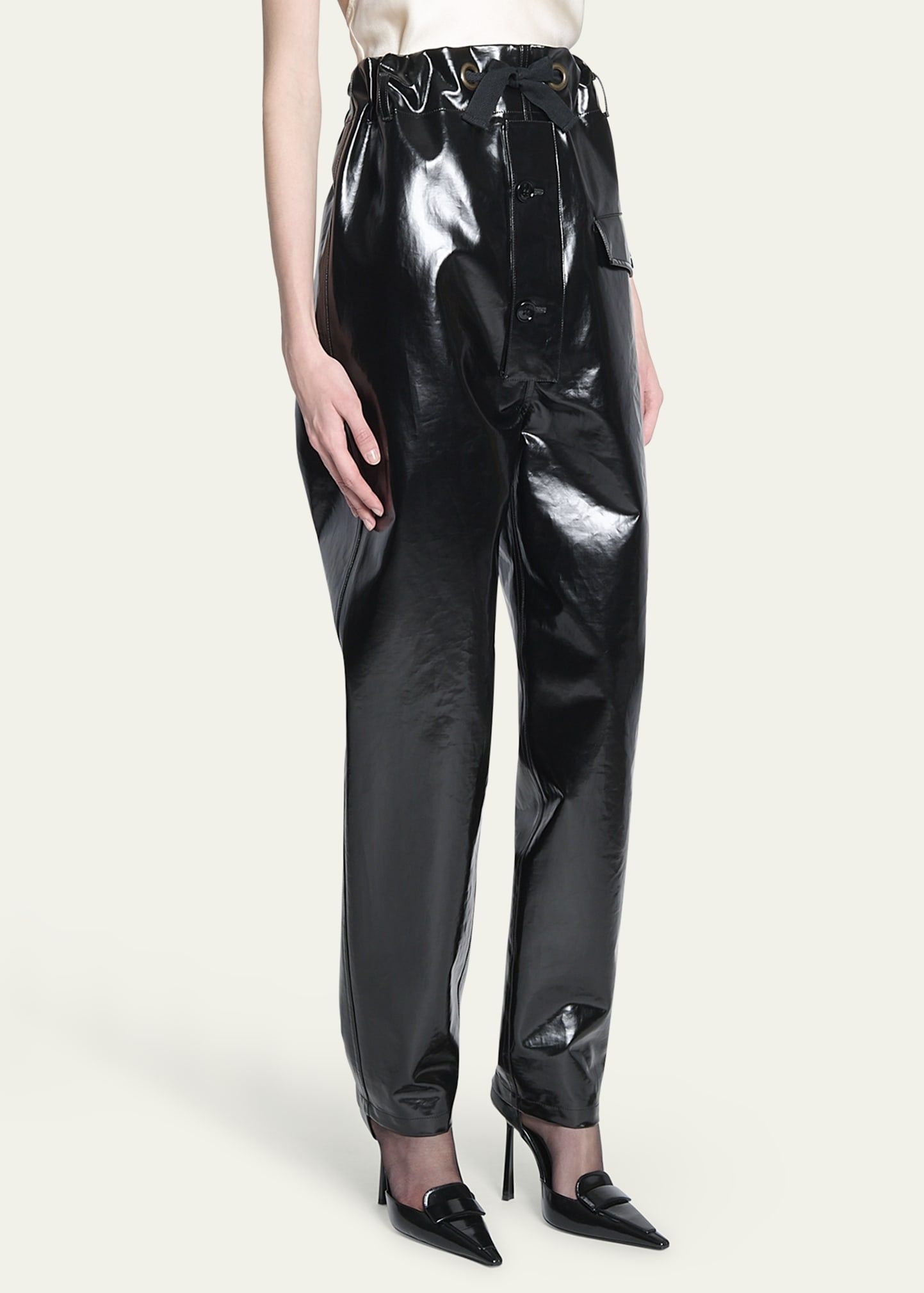 Vinyl Cinched High Waisted Drawstring Pants - 4
