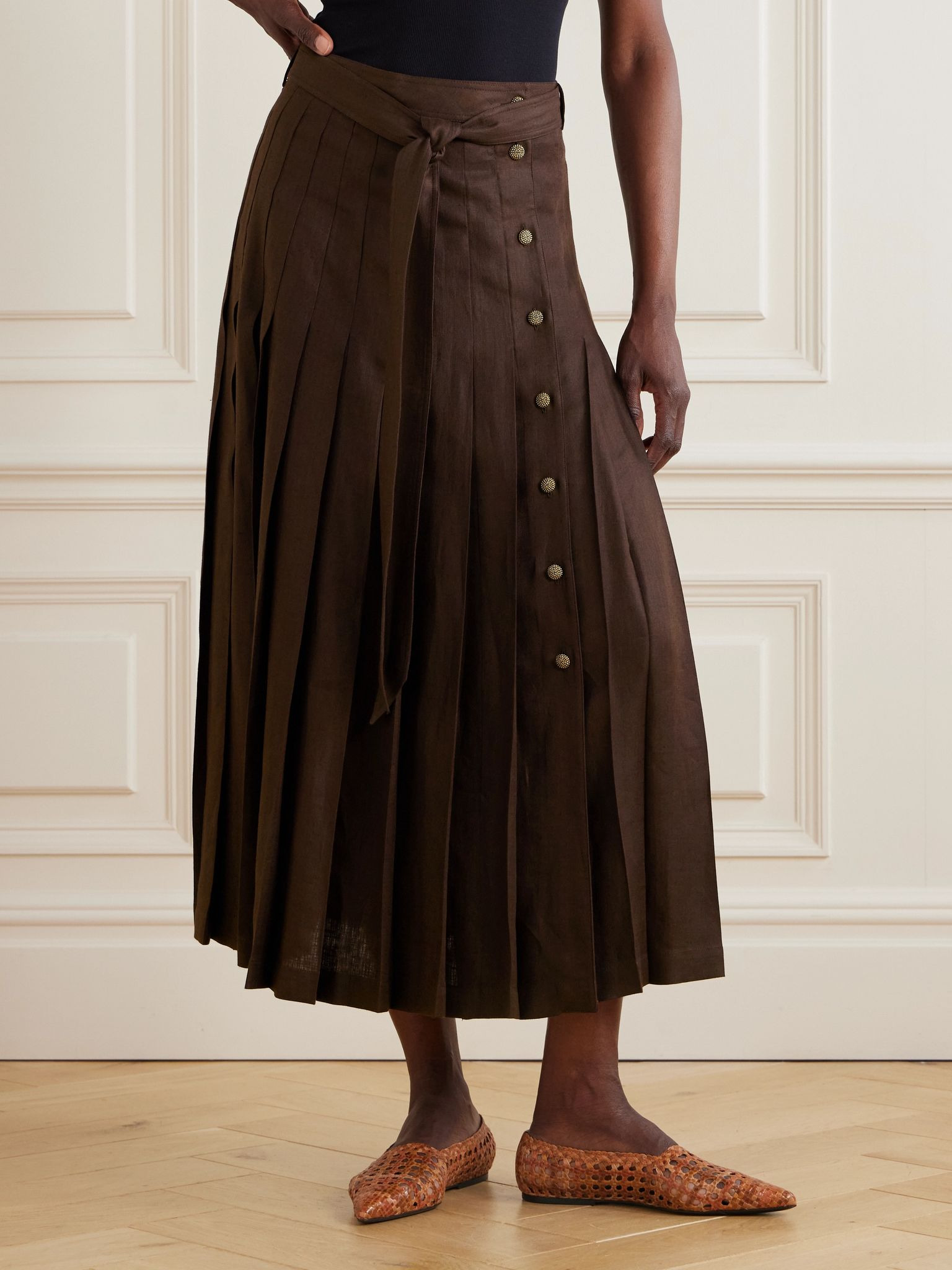 Yasmina belted pleated linen-twill wrap skirt Brown - 3