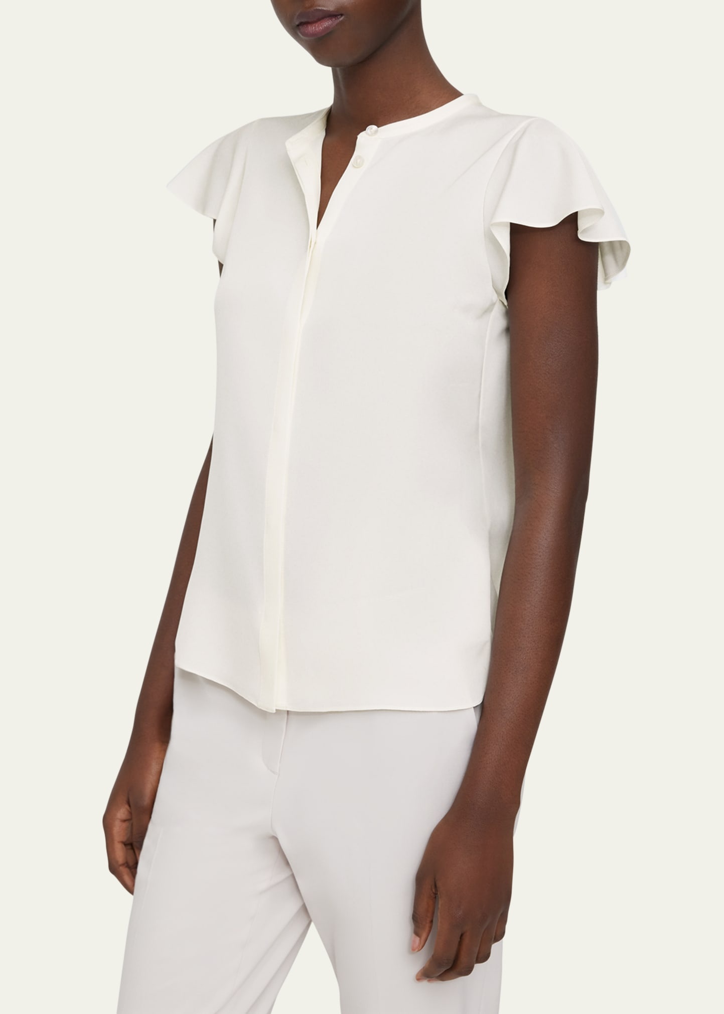 Ruffle-Sleeve Silk Button-Front Top - 4