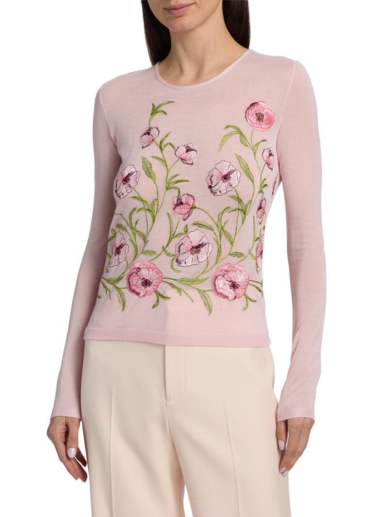 Women's Floral Embroidered Cashmere-Silk Top - Rose 3