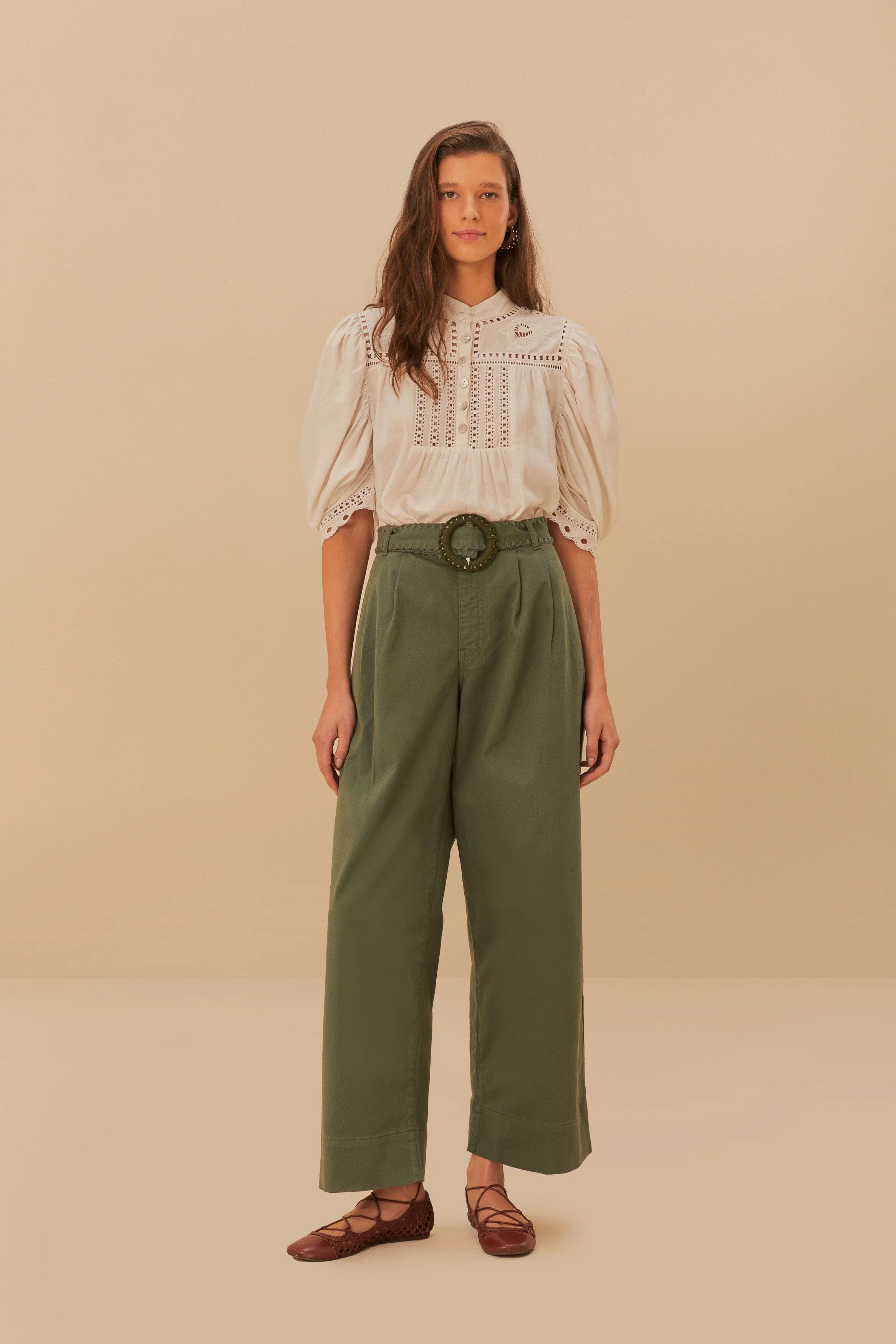 Green Twill Pleated Wide Pants - 1