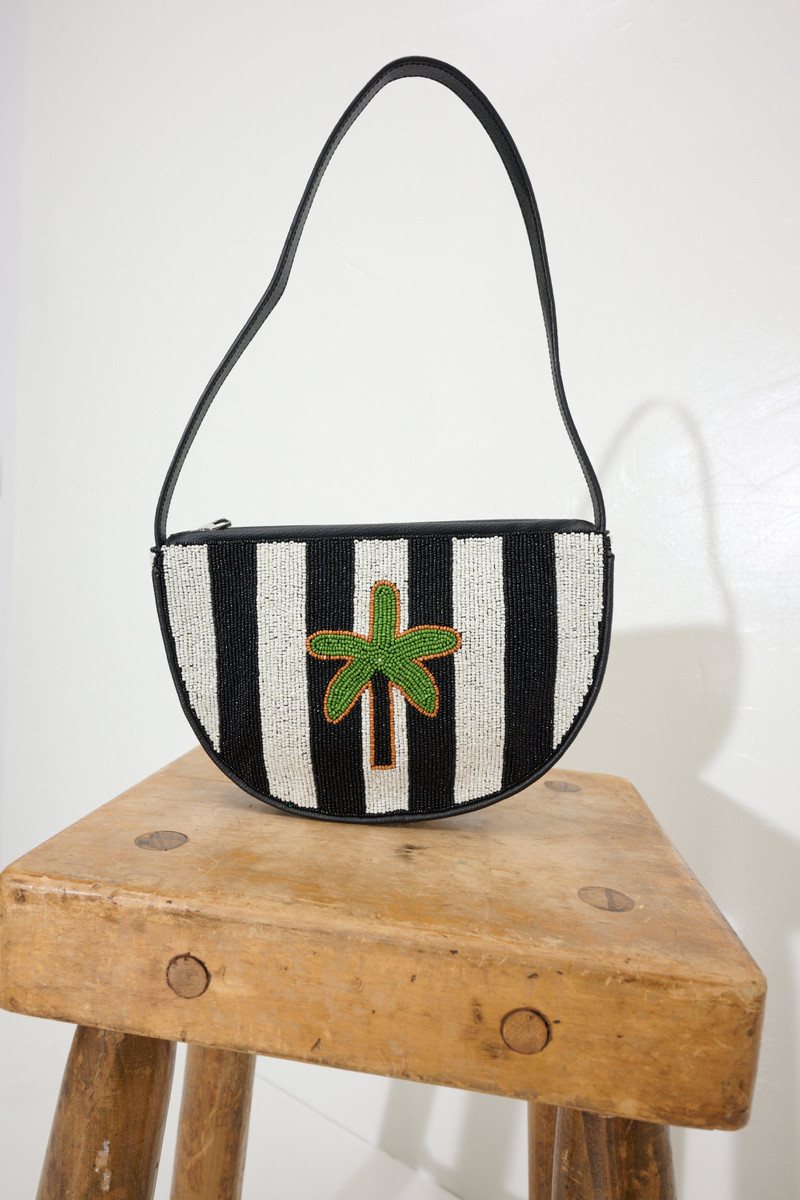 SIMONMILLER Belo Half Moon Bag In Black/White Stripe With Palm Tree outlook