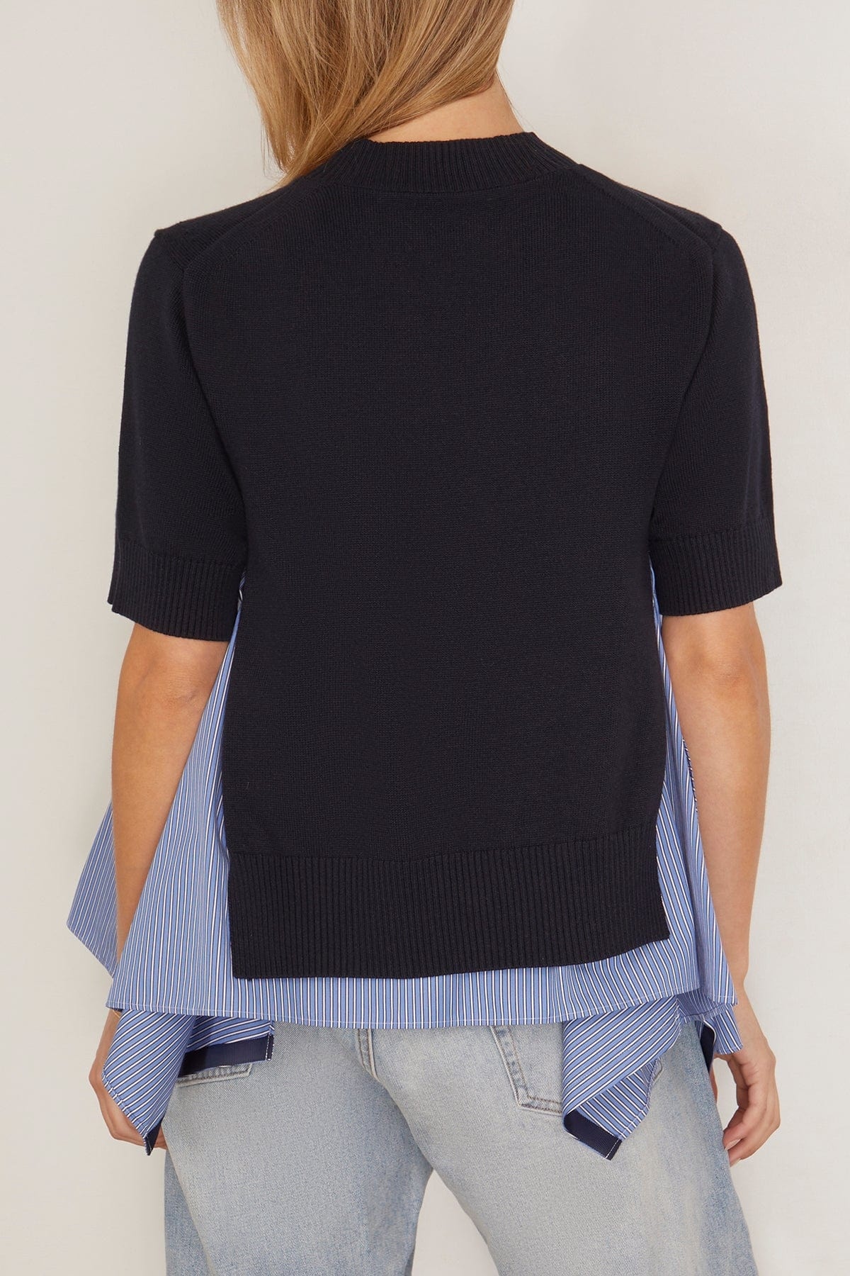 Cotton Poplin x Knit Pullover in Navy and Blue Stripe - 4