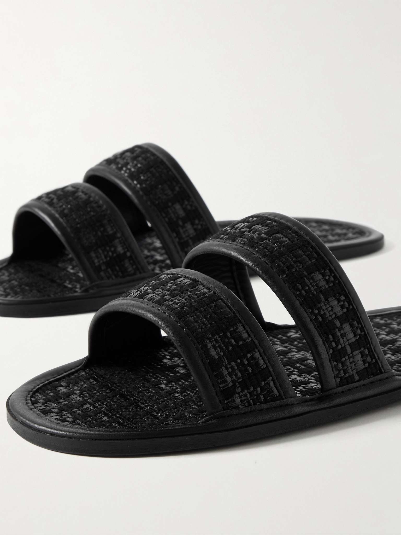 Leather-Trimmed Woven Raffia Slides - 6