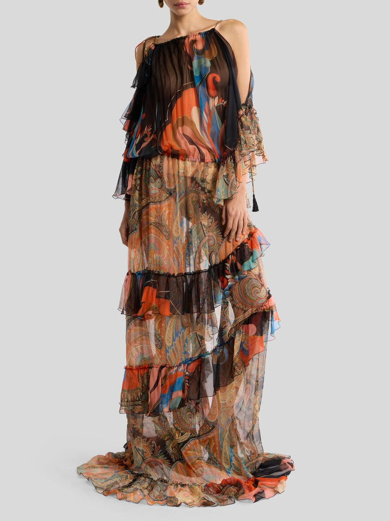 LONG SILK DRESS WITH RUFFLES AND TWO MOTIFS 2