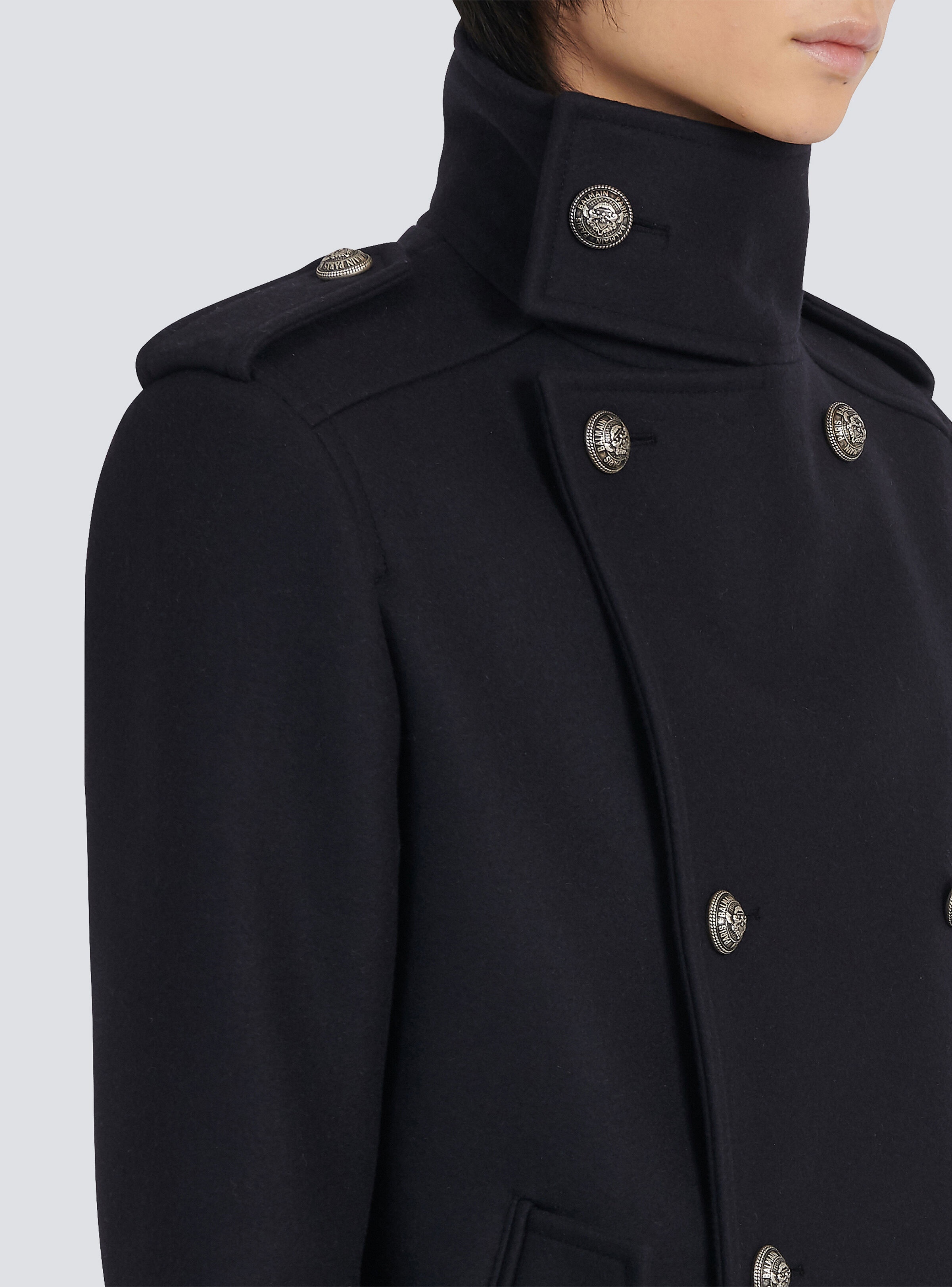 Wool military pea coat with double-breasted silver-tone buttoned fastening - 9