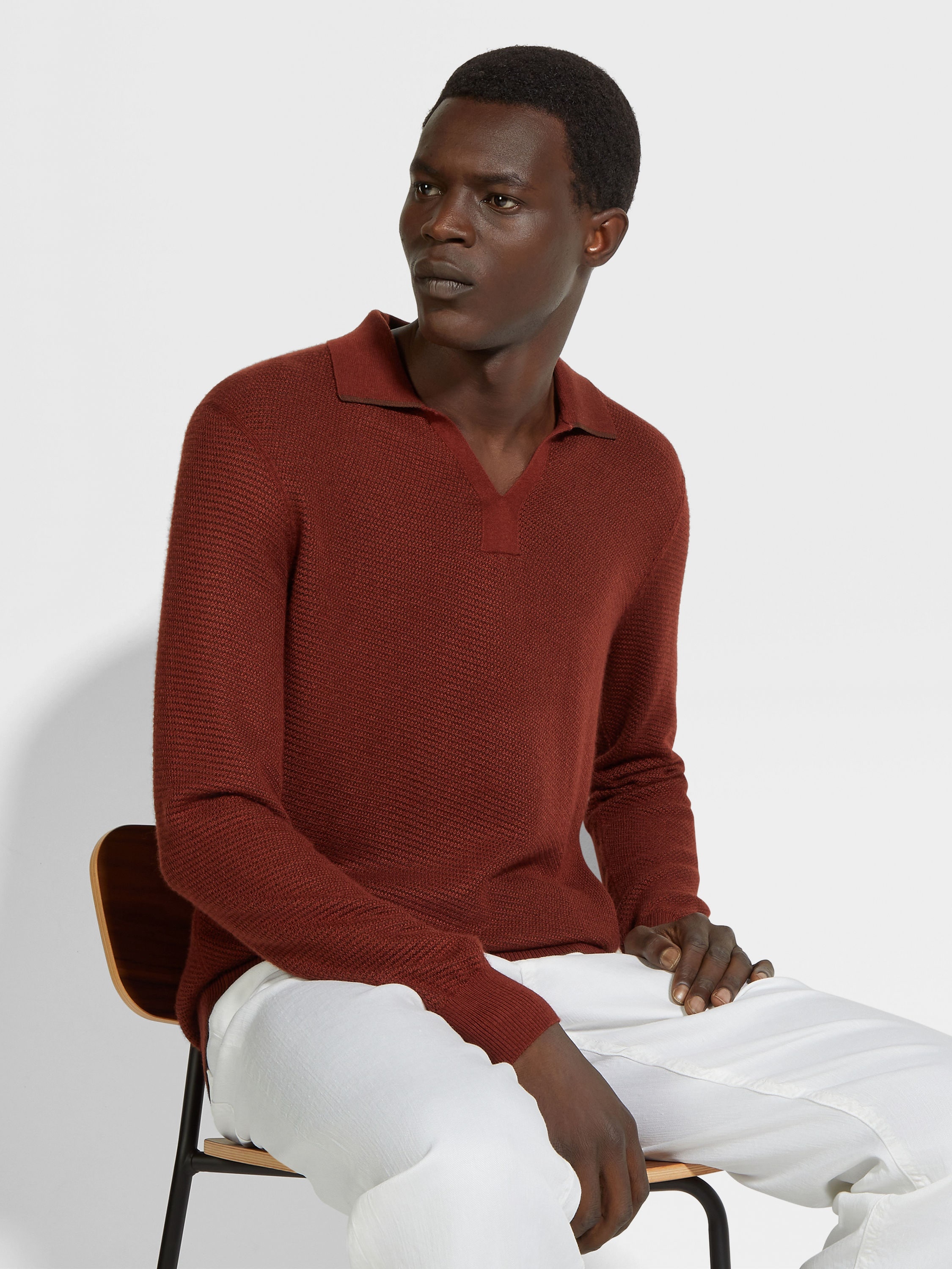 BRICK RED SILK AND CASHMERE POLO SHIRT - 3