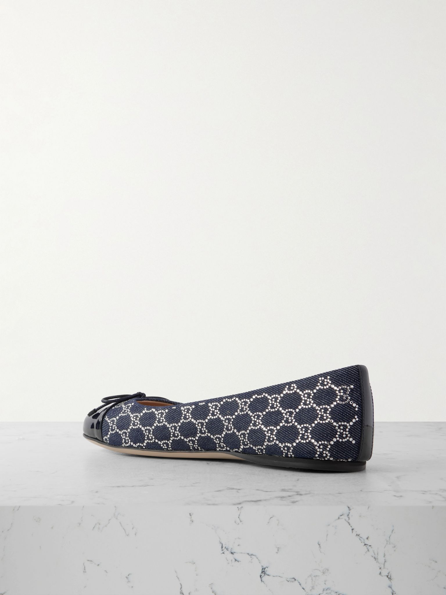 New Marmont crystal-embellished leather-trimmed denim ballet flats Navy - 3