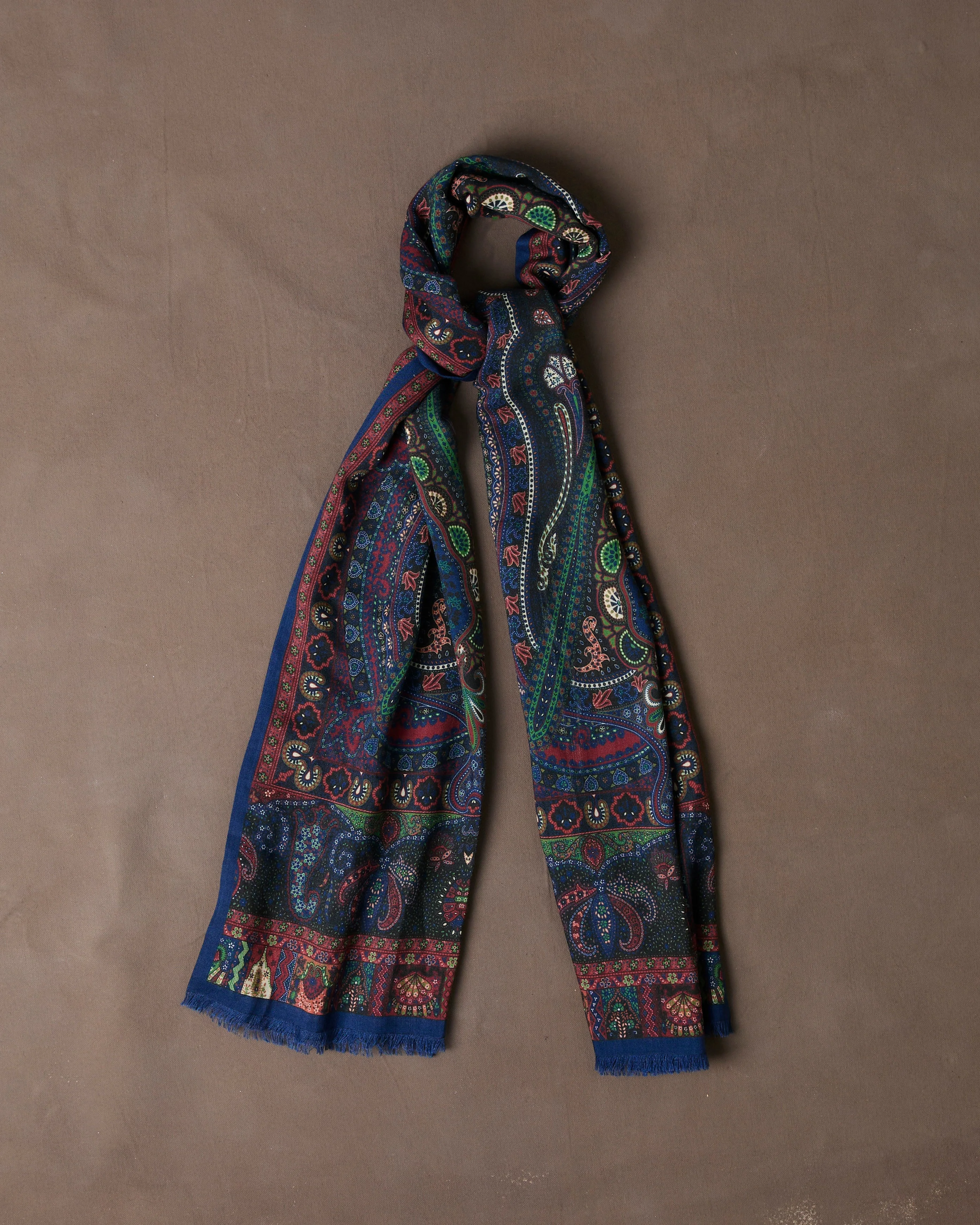 Navy and Green Large Paisley Print Tubular Wool-Silk Scarf - 1