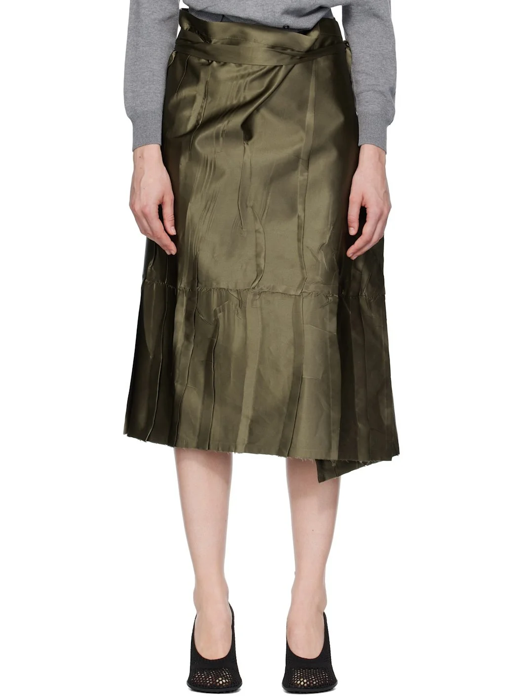 Khaki Apron Flat Midi Skirt - 1