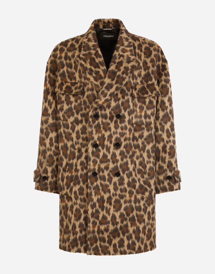 Double-breasted wool jacquard coat with leopard design - 3