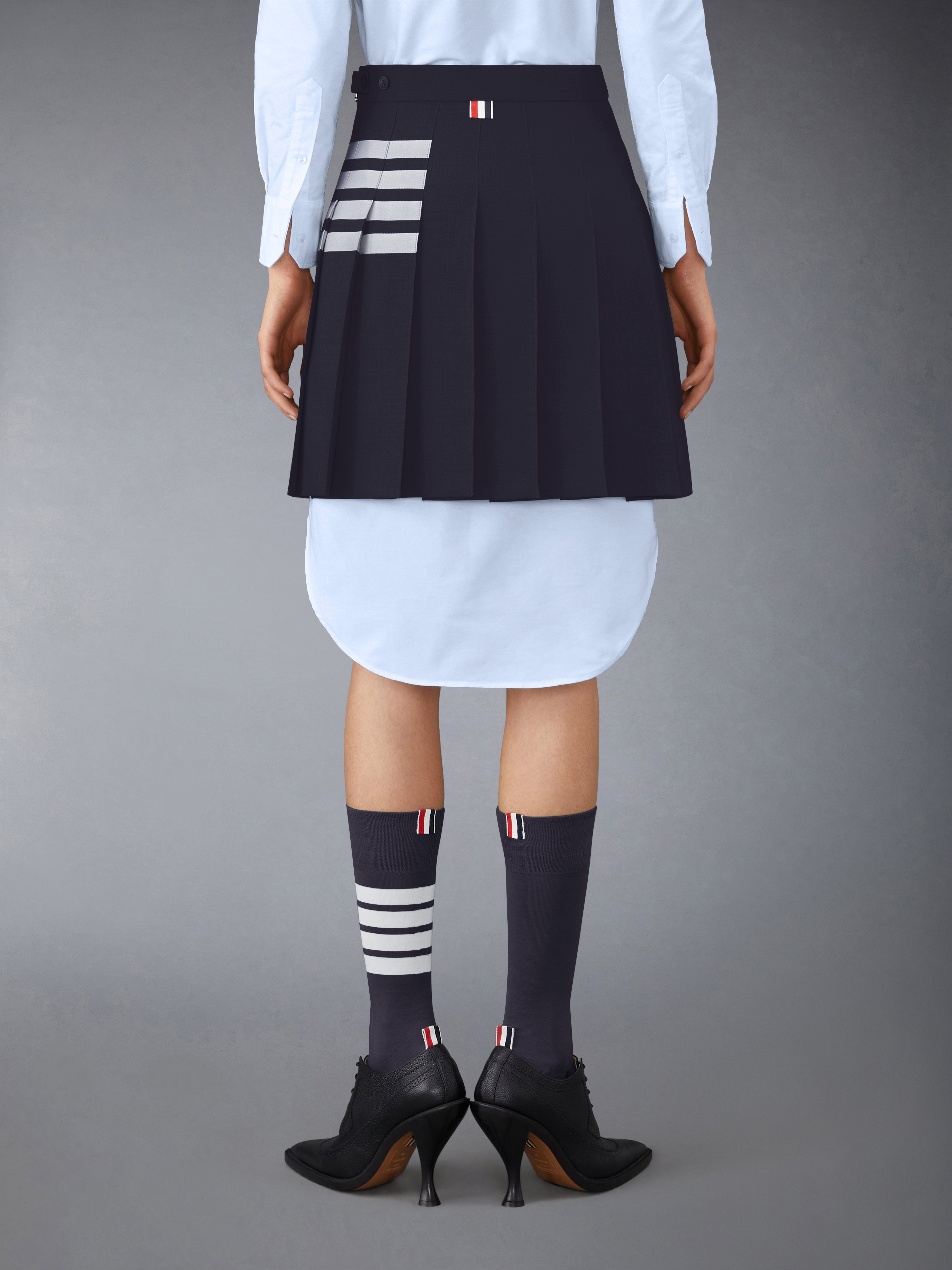 Navy Plain Weave Mini Pleated 4-Bar Skirt - 3