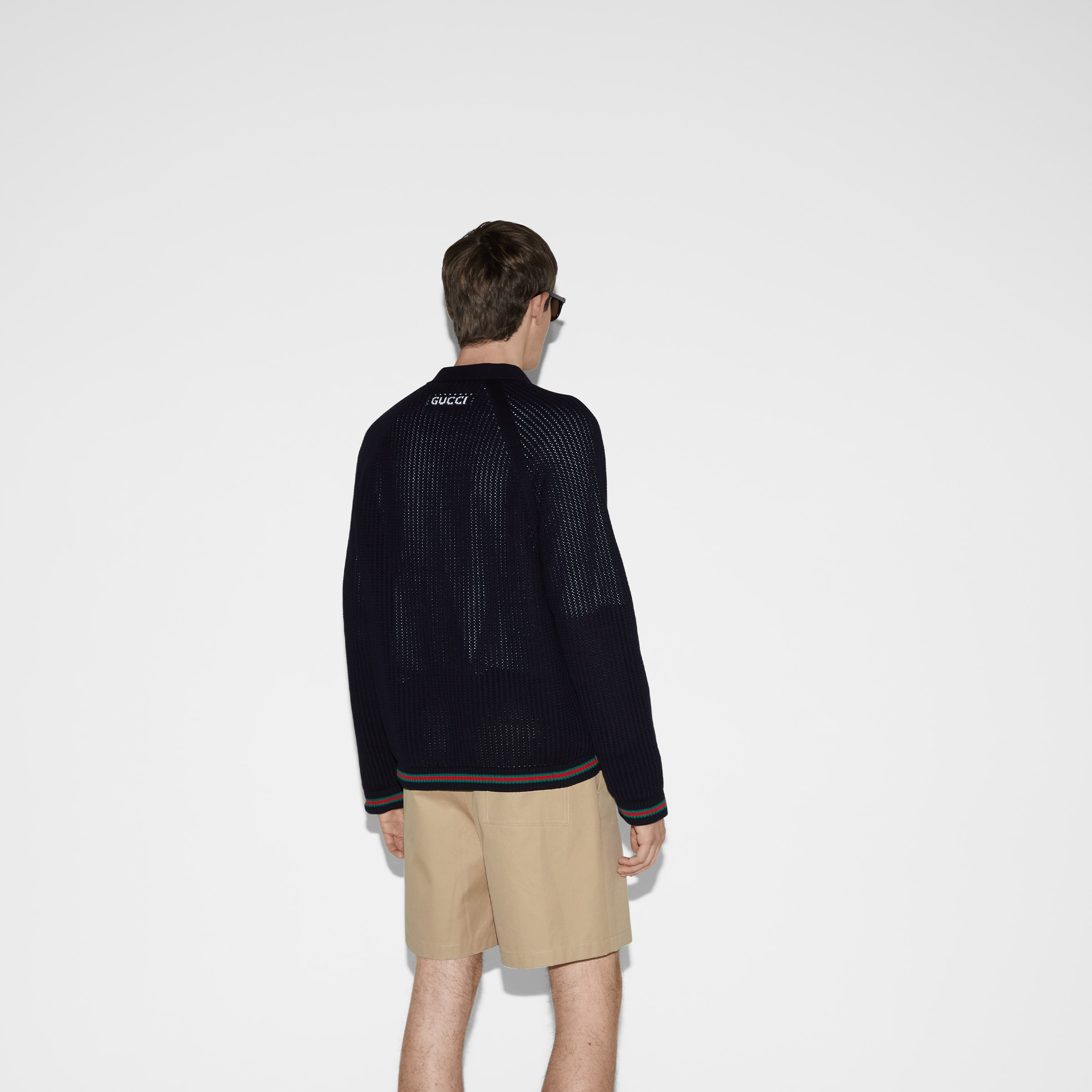 Ajour cotton knit cardigan with Web - 4