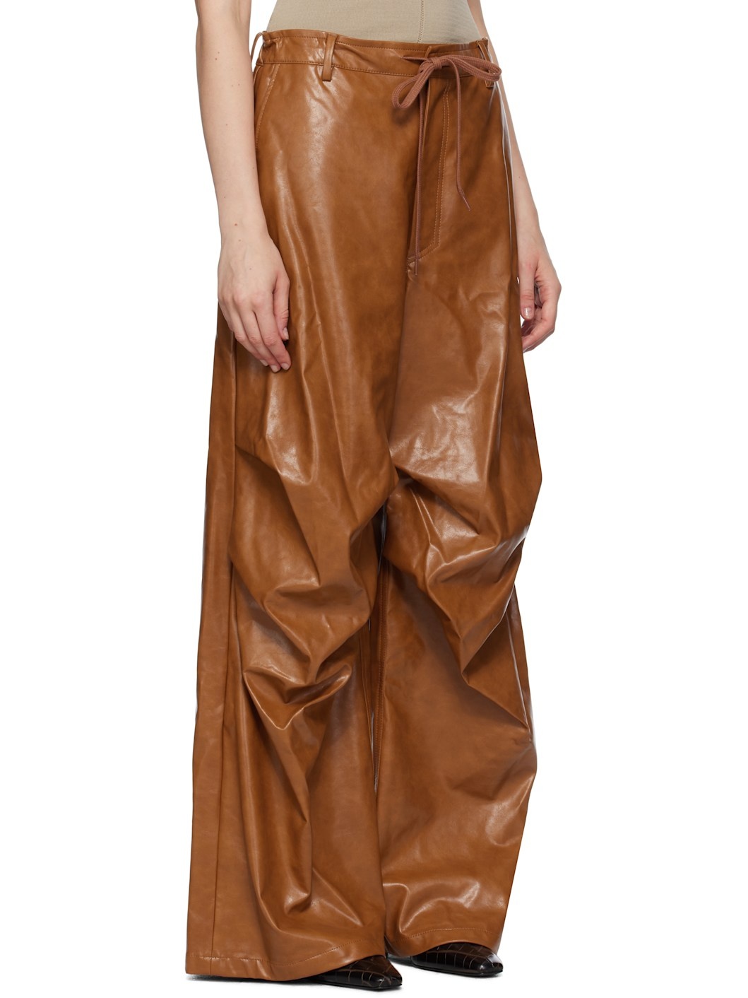 Brown Draped Faux-Leather Trousers - 2
