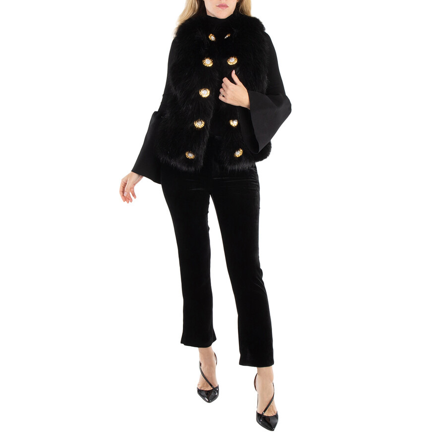 Balmain Ladies Noir Flared-Cut Velvet Trousers - 6