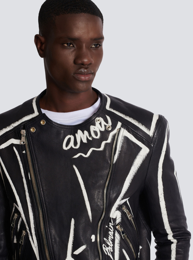 Leather biker jacket with "Love Letter" print 7