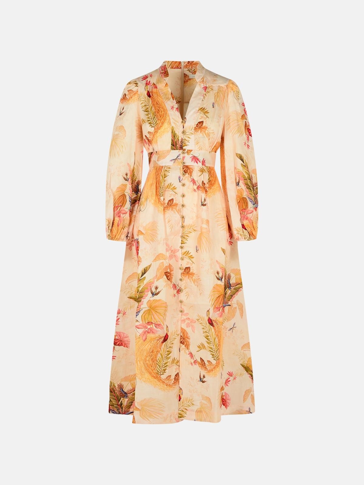 'PLUNGE' LOW-CUT LINEN DRESS IN 'CREAM PALM FLORAL' COLOR - 1