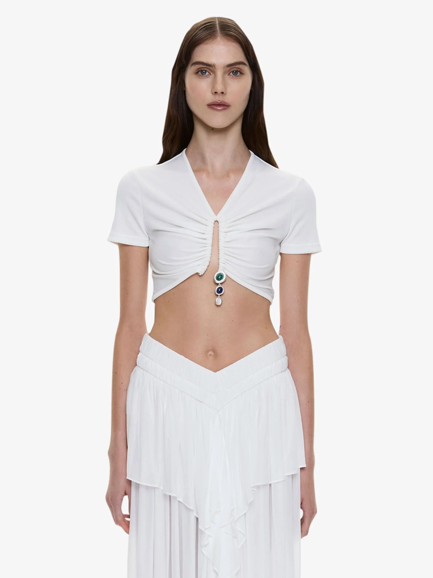 Droplet Crystal Pendant Ruched Tee - 1