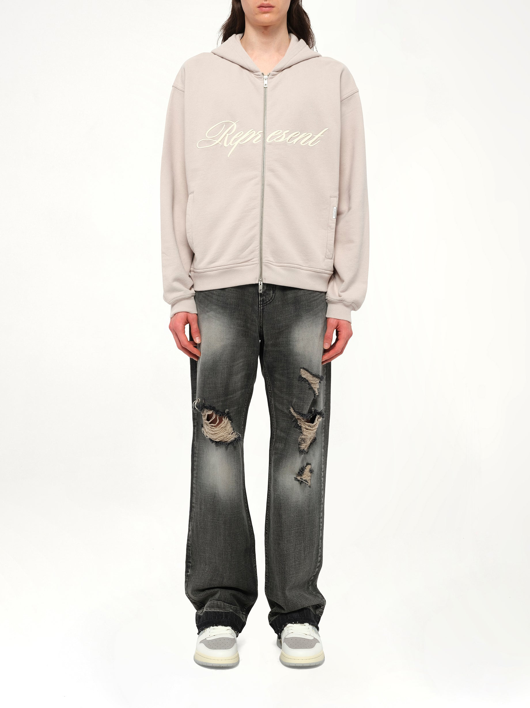 Script Logo Zip Hoodie in Concrete - 7