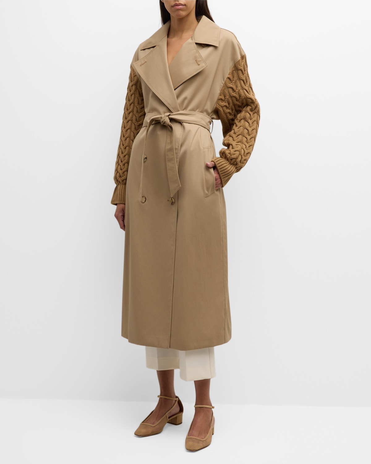 Cicladi Cable-Knit Sleeves Belted Long Trench Coat - 3