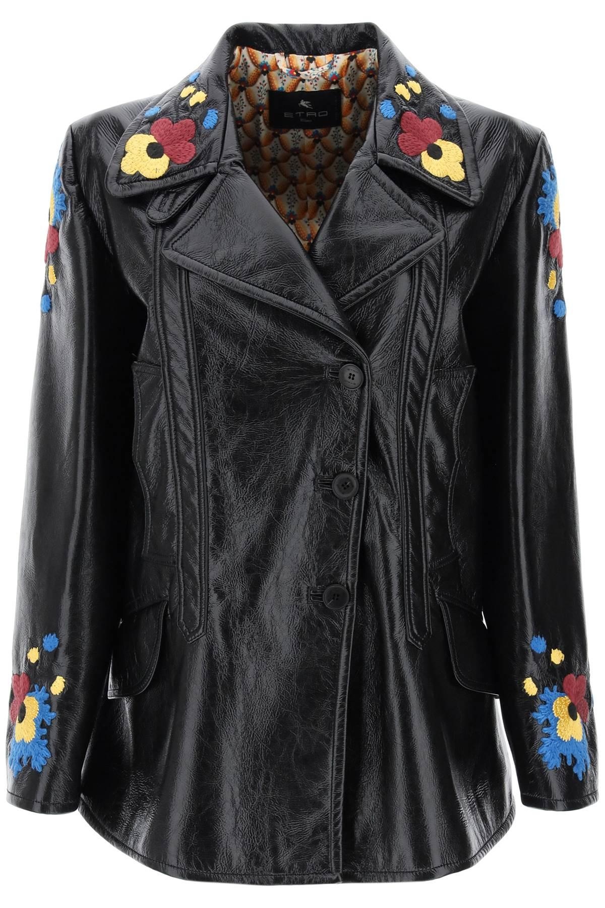 Jacket in patent faux leather with floral embroideries - 1