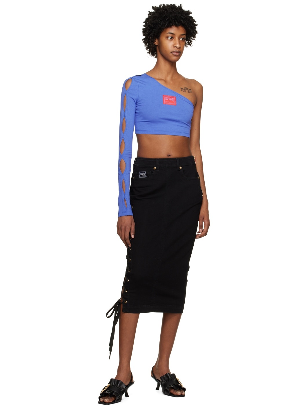 Blue Single-Shoulder Long Sleeve T-Shirt - 4