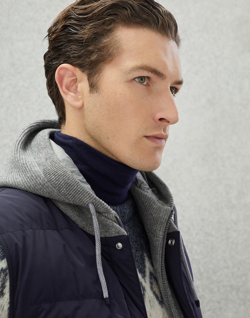 Bonded nylon down vest with knitted bib and detachable hood 3