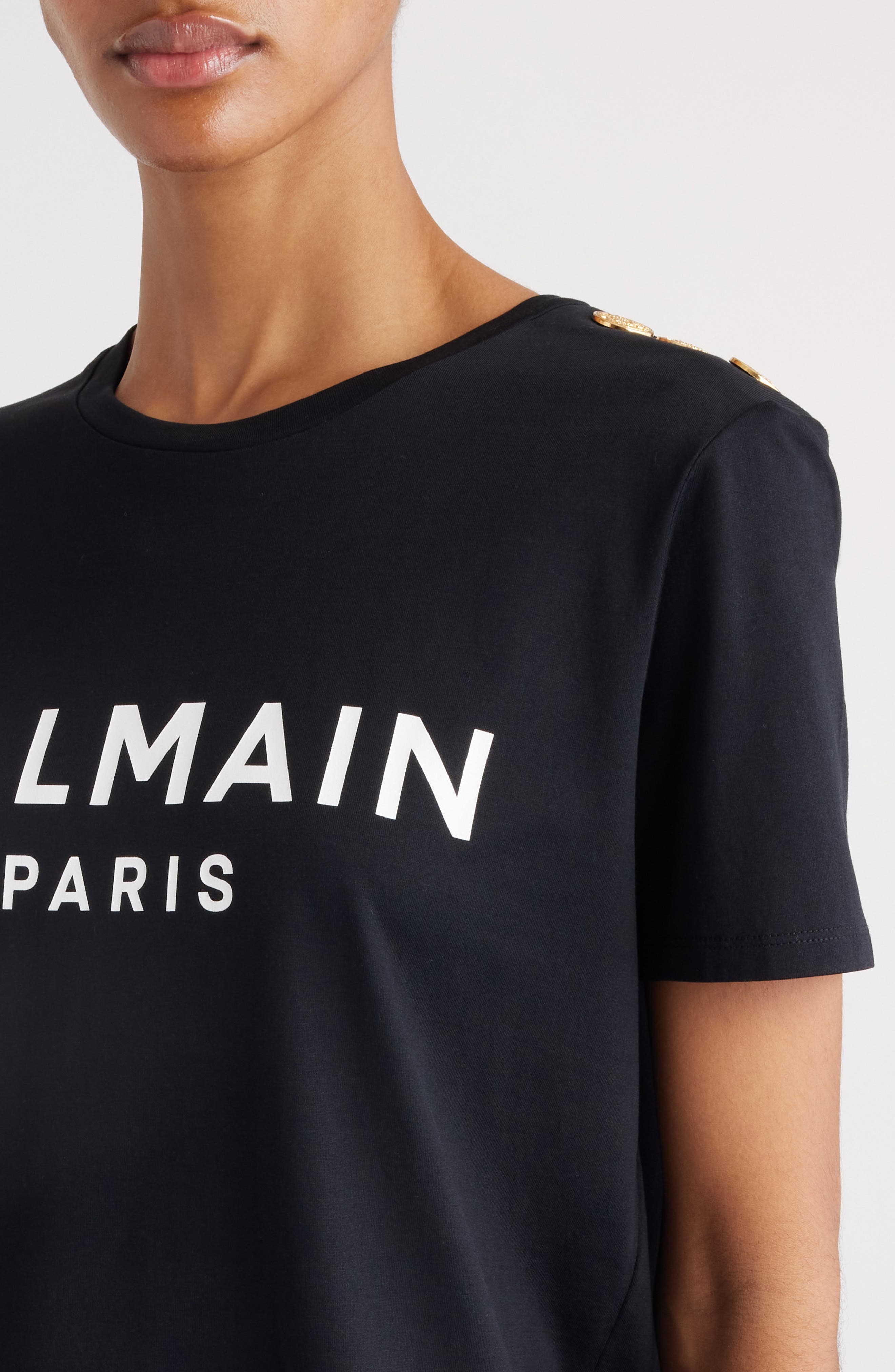 Balmain Button Shoulder Cotton Logo Graphic T-Shirt in Eab Black/White at Nordstrom - 5