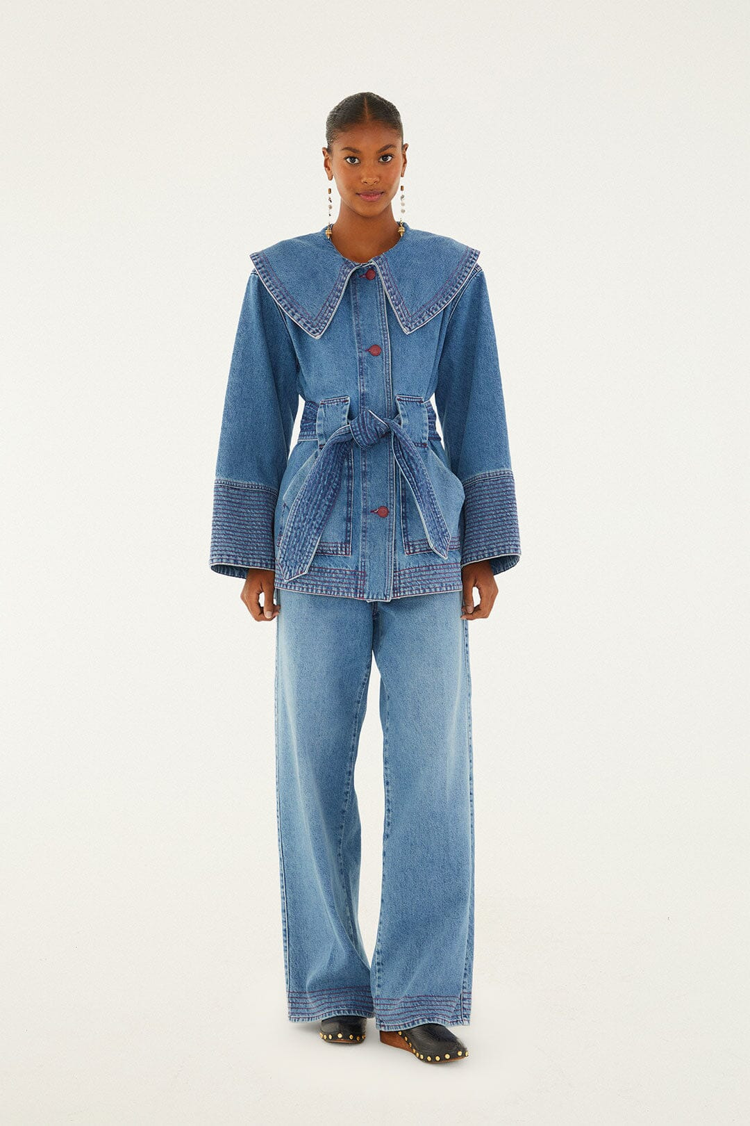 Denim Collared Belted Trench Coat - 2