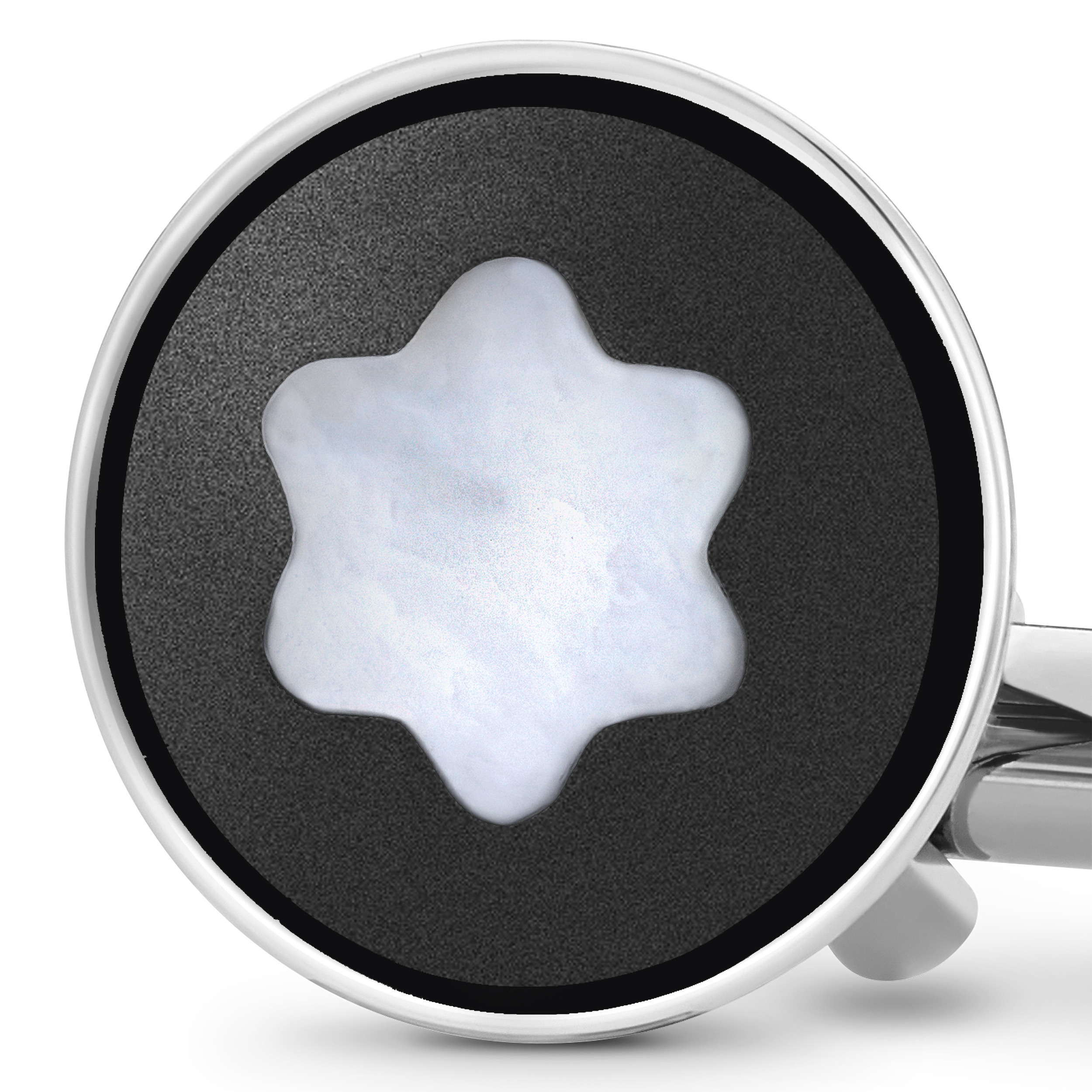 Cufflinks, round in stainless steel with black PVD inlay and mother-of-pearl snowcap emblem - 2