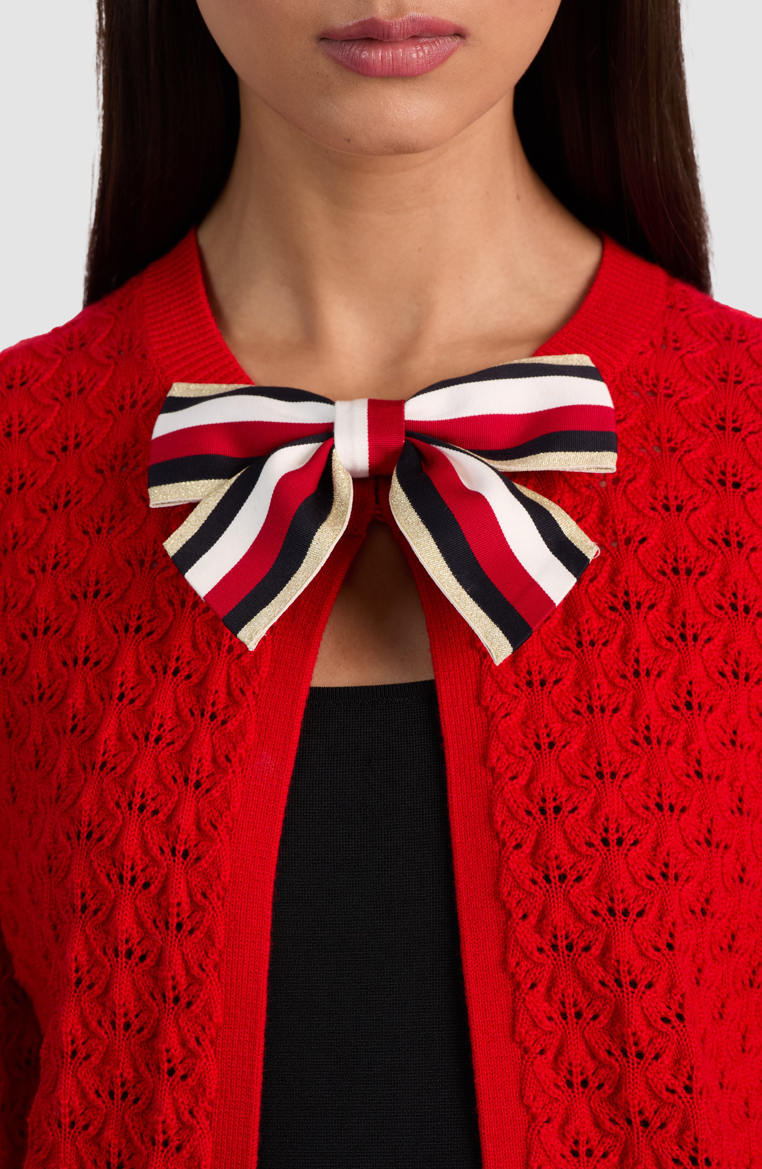 Alice + Olivia Dollie Pointelle Wool Blend Bow Accent Cardigan in Perfect Ruby at Nordstrom - 4