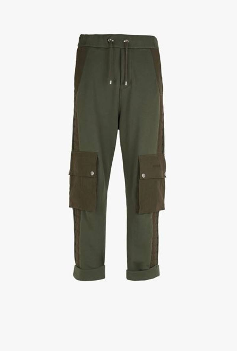Wide-legged khaki jersey and nylon cargo sweatpants 1